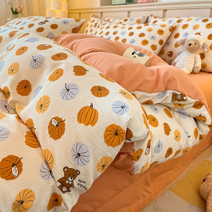 梦之岛 2024新款A类母婴级泡泡棉皱皱纱碎花四件套 小南瓜