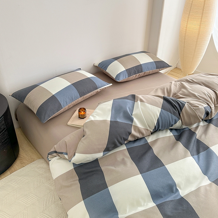 91家纺网 家纺一手货源 找家纺 家贝爱 2024新款简约轻奢水洗棉四件套 蓝大格