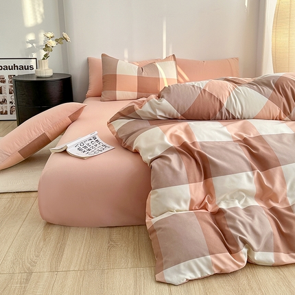 家贝爱 2024新款简约轻奢水洗棉四件套 粉玉大格