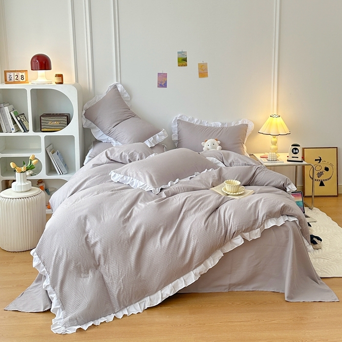 91家纺网 家纺一手货源 找家纺 啊雅家居 2025新款轻奢韩式花边款华夫格四件套 花边款  梦幻灰