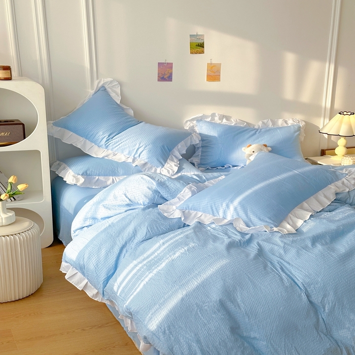 91家纺网 家纺一手货源 找家纺 啊雅家居 2025新款轻奢韩式花边款华夫格四件套 花边款  梦幻兰