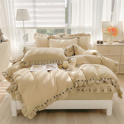 宜凡家纺 2024新品全棉夹棉花边床笠四件套-心情 心情 浅驼