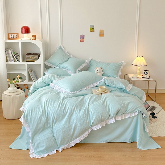 91家纺网 家纺一手货源 找家纺 啊雅家居 2025新款轻奢韩式花边款华夫格四件套 花边款  梦幻绿