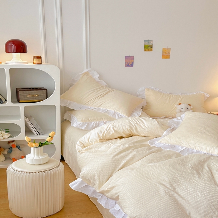 91家纺网 家纺一手货源 找家纺 啊雅家居 2025新款轻奢韩式花边款华夫格四件套 花边款  梦幻黄