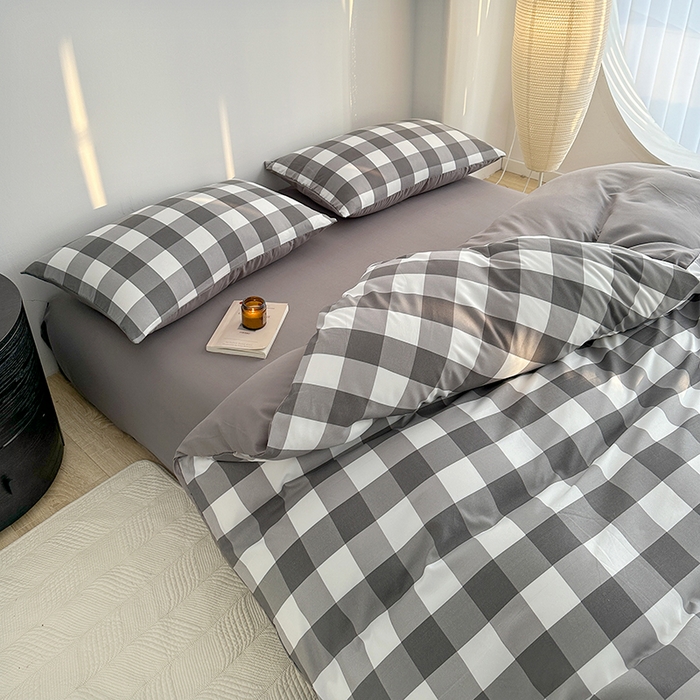 91家纺网 家纺一手货源 找家纺 家贝爱 2024新款简约轻奢水洗棉四件套 灰中格