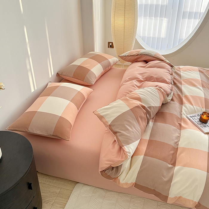 91家纺网 家纺一手货源 找家纺 家贝爱 2024新款简约轻奢水洗棉四件套 粉玉大格