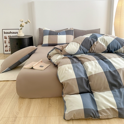 家贝爱 2024新款简约轻奢水洗棉四件套 蓝大格