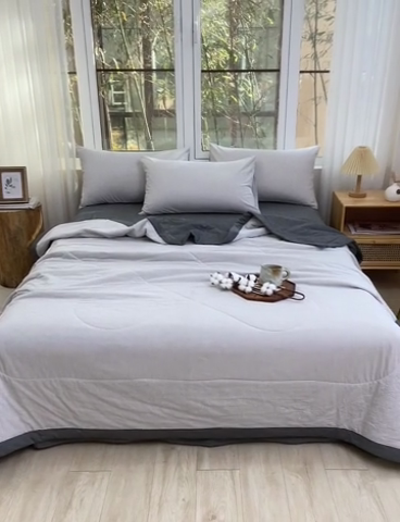 91家纺网 家纺一手货源 找家纺 柠萌 新款全棉色织水洗棉棉花夏被四件套里外全棉夏凉被 灰密条