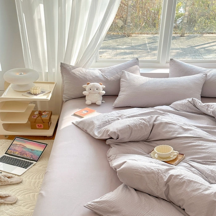 91家纺网 家纺一手货源 找家纺 啊雅家居 2025新款轻奢韩式无边款华夫格四件套 无边款-梦幻灰