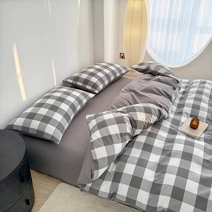 91家纺网 家纺一手货源 找家纺 家贝爱 2024新款简约轻奢水洗棉四件套 灰中格