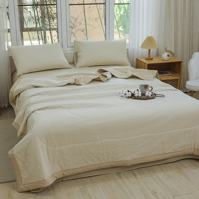 91家纺网 家纺一手货源 找家纺 柠萌 新款全棉色织水洗棉棉花夏被四件套里外全棉夏凉被 米密条