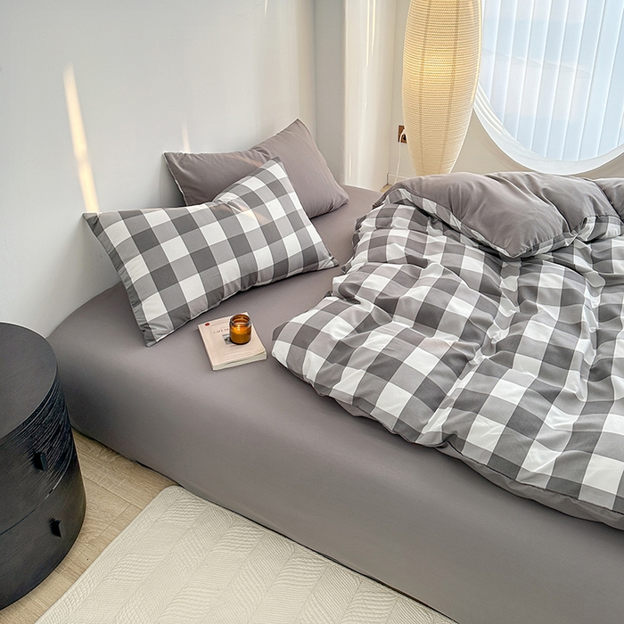 91家纺网 家纺一手货源 找家纺 家贝爱 2024新款简约轻奢水洗棉四件套 灰中格