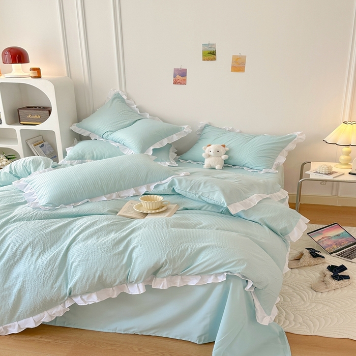 91家纺网 家纺一手货源 找家纺 啊雅家居 2025新款轻奢韩式花边款华夫格四件套 花边款  梦幻绿