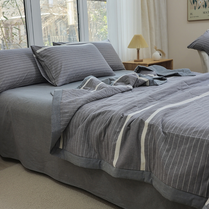 91家纺网 家纺一手货源 找家纺 柠萌 新款全棉色织水洗棉棉花夏被四件套里外全棉夏凉被 宽双线冷灰