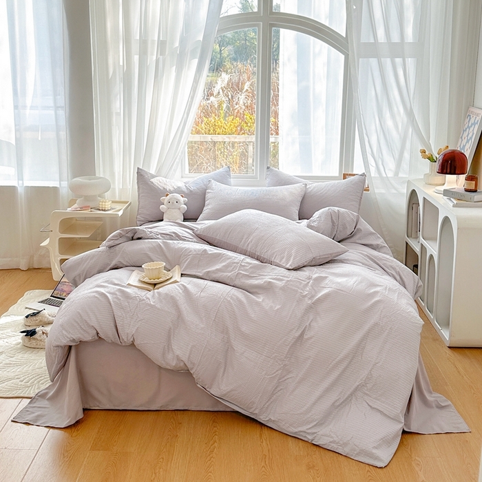 91家纺网 家纺一手货源 找家纺 啊雅家居 2025新款轻奢韩式无边款华夫格四件套 无边款-梦幻灰