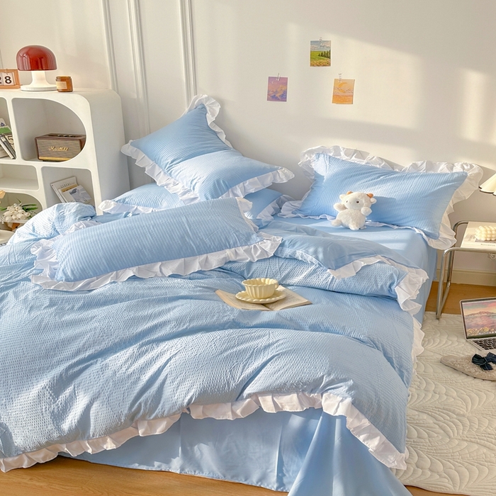 91家纺网 家纺一手货源 找家纺 啊雅家居 2025新款轻奢韩式花边款华夫格四件套 花边款  梦幻兰