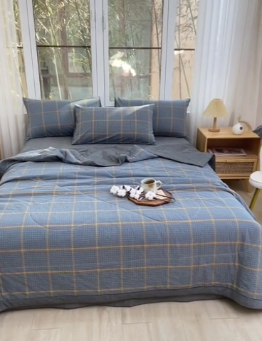 91家纺网 家纺一手货源 找家纺 柠萌 新款全棉色织水洗棉棉花夏被四件套里外全棉夏凉被 瓦尔灰