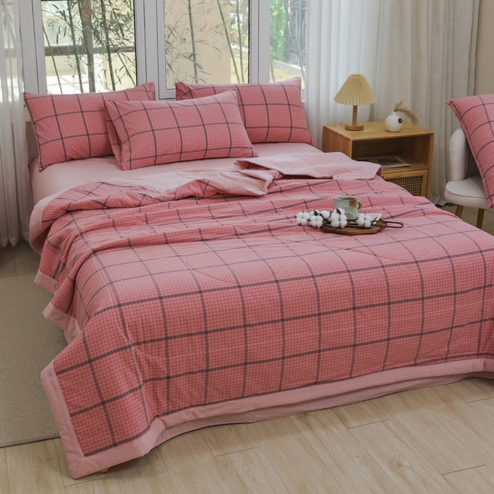 91家纺网 家纺一手货源 找家纺 柠萌 新款全棉色织水洗棉棉花夏被四件套里外全棉夏凉被 瓦尔粉