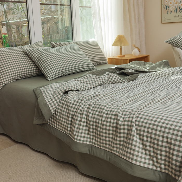 91家纺网 家纺一手货源 找家纺 柠萌 新款全棉色织水洗棉棉花夏被四件套里外全棉夏凉被 绿小格