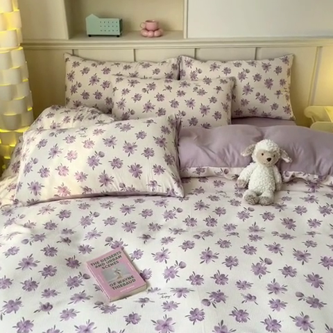 91家纺网 家纺一手货源 找家纺 梦之岛 2024新款A类母婴级泡泡棉皱皱纱碎花四件套 紫薰