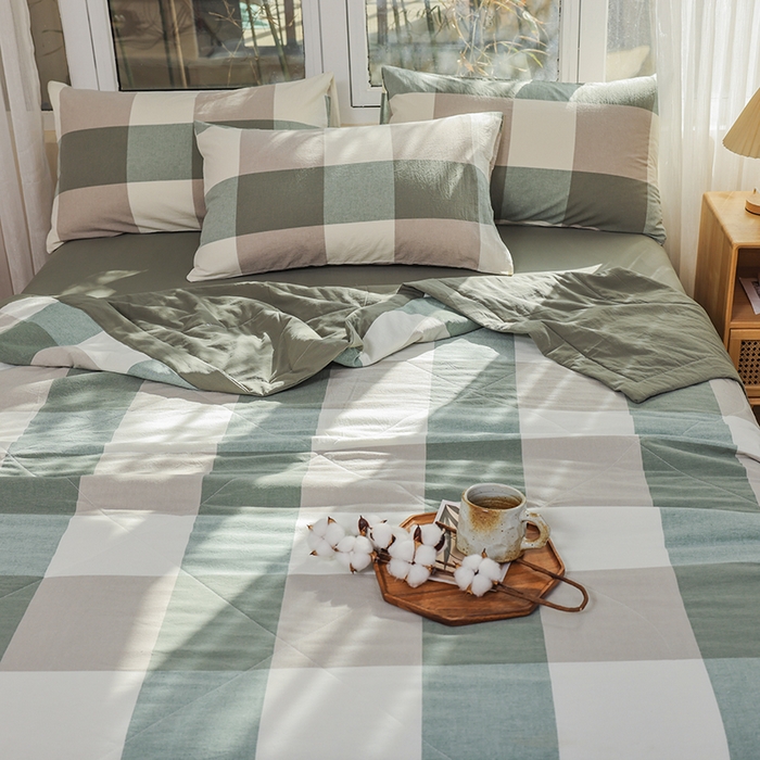 91家纺网 家纺一手货源 找家纺 柠萌 新款全棉色织水洗棉棉花夏被四件套里外全棉夏凉被 绿大格