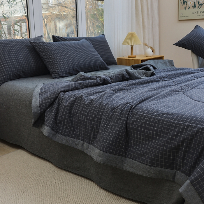 91家纺网 家纺一手货源 找家纺 柠萌 新款全棉色织水洗棉棉花夏被四件套里外全棉夏凉被 灰小格