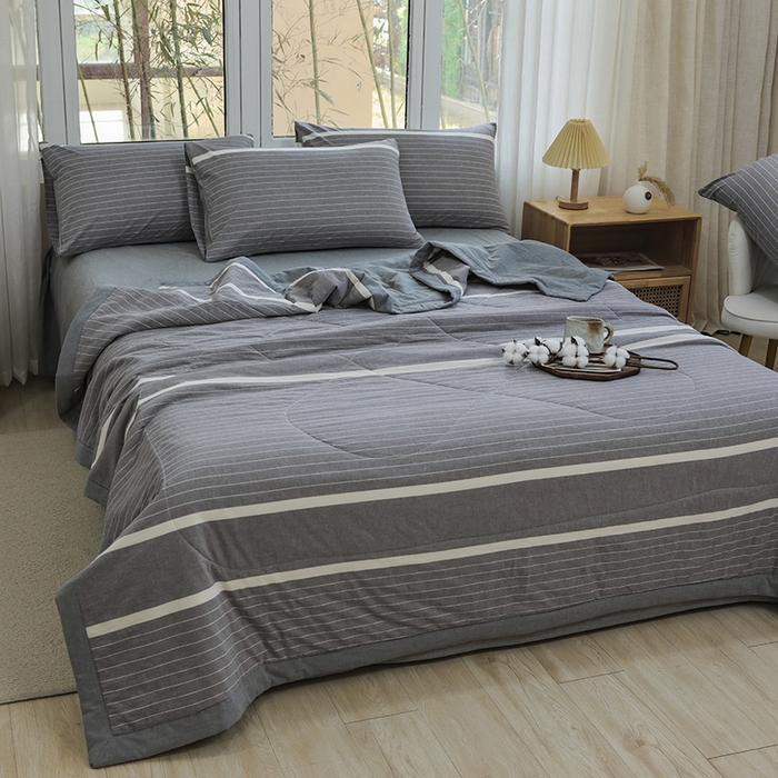 91家纺网 家纺一手货源 找家纺 柠萌 新款全棉色织水洗棉棉花夏被四件套里外全棉夏凉被 宽双线冷灰