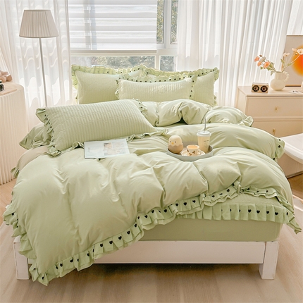 宜凡家纺 2024新品全棉夹棉花边床笠四件套-心情 心情 抹茶绿