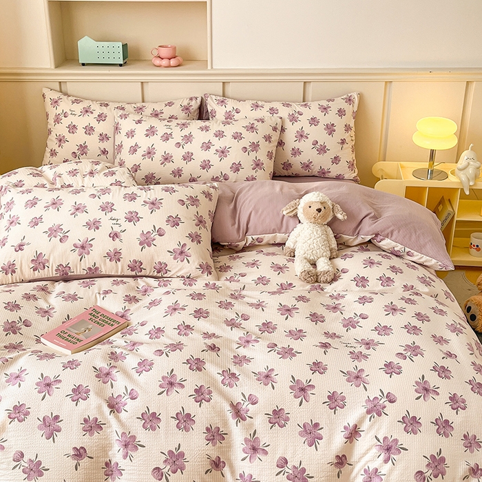 91家纺网 家纺一手货源 找家纺 梦之岛 2024新款A类母婴级泡泡棉皱皱纱碎花四件套 紫薰