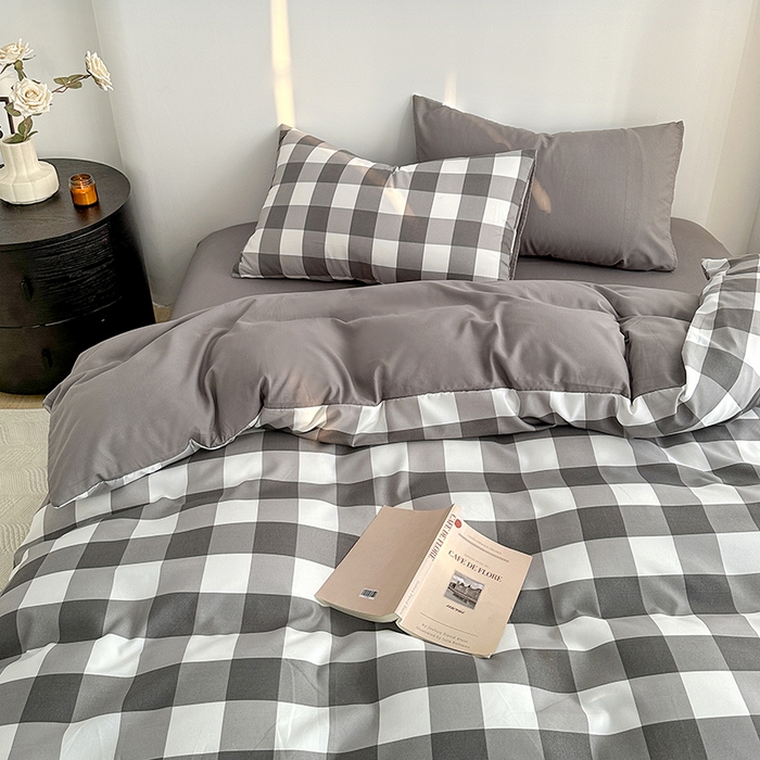 91家纺网 家纺一手货源 找家纺 家贝爱 2024新款简约轻奢水洗棉四件套 灰中格