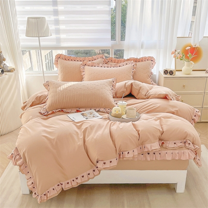 宜凡家纺 2024新品全棉夹棉花边床笠四件套-心情 心情 暖杏