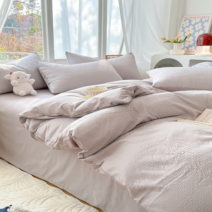 91家纺网 家纺一手货源 找家纺 啊雅家居 2025新款轻奢韩式无边款华夫格四件套 无边款-梦幻灰