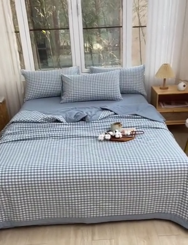 91家纺网 家纺一手货源 找家纺 柠萌 新款全棉色织水洗棉棉花夏被四件套里外全棉夏凉被 浅蓝小格