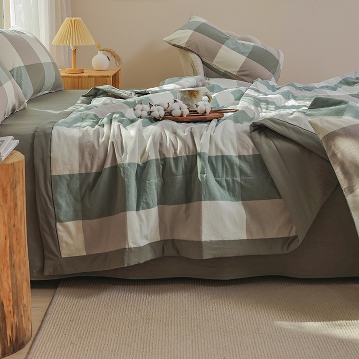 91家纺网 家纺一手货源 找家纺 柠萌 新款全棉色织水洗棉棉花夏被四件套里外全棉夏凉被 绿大格