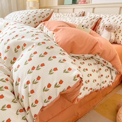 梦之岛 2024新款A类母婴级泡泡棉皱皱纱碎花四件套 拾秋