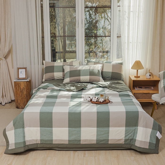 91家纺网 家纺一手货源 找家纺 柠萌 新款全棉色织水洗棉棉花夏被四件套里外全棉夏凉被 绿大格