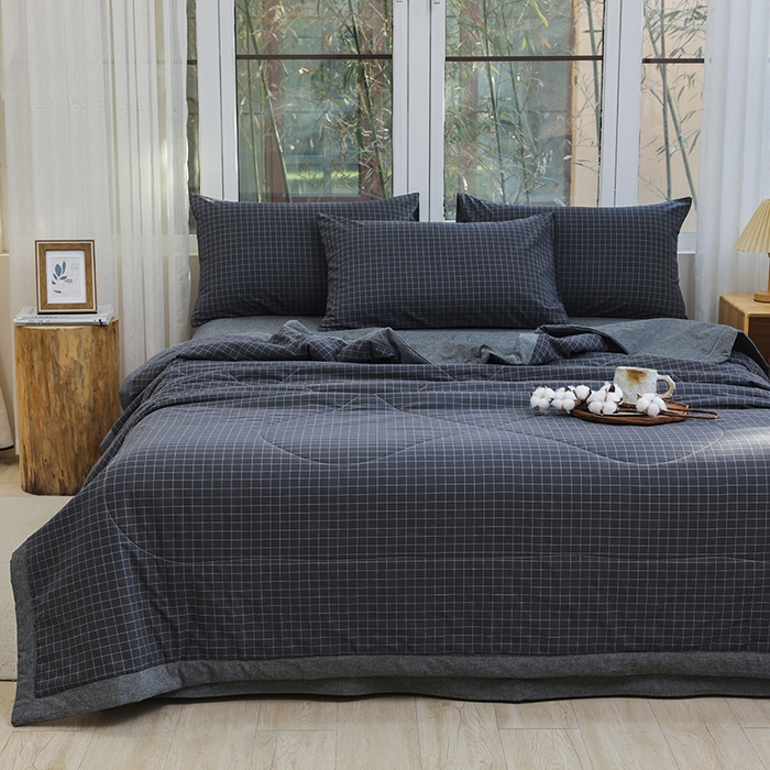 91家纺网 家纺一手货源 找家纺 柠萌 新款全棉色织水洗棉棉花夏被四件套里外全棉夏凉被 灰小格