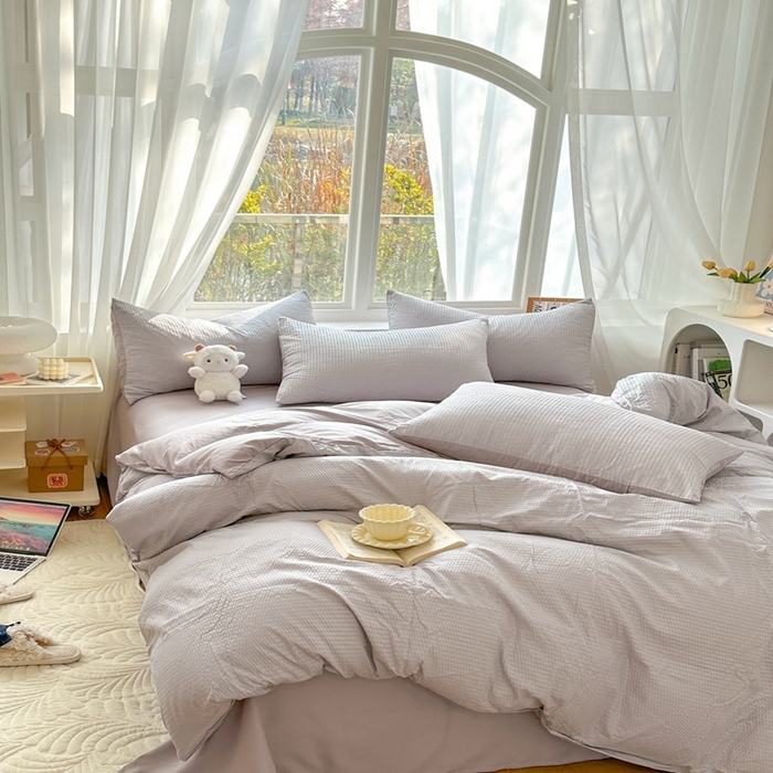 91家纺网 家纺一手货源 找家纺 啊雅家居 2025新款轻奢韩式无边款华夫格四件套 无边款-梦幻灰