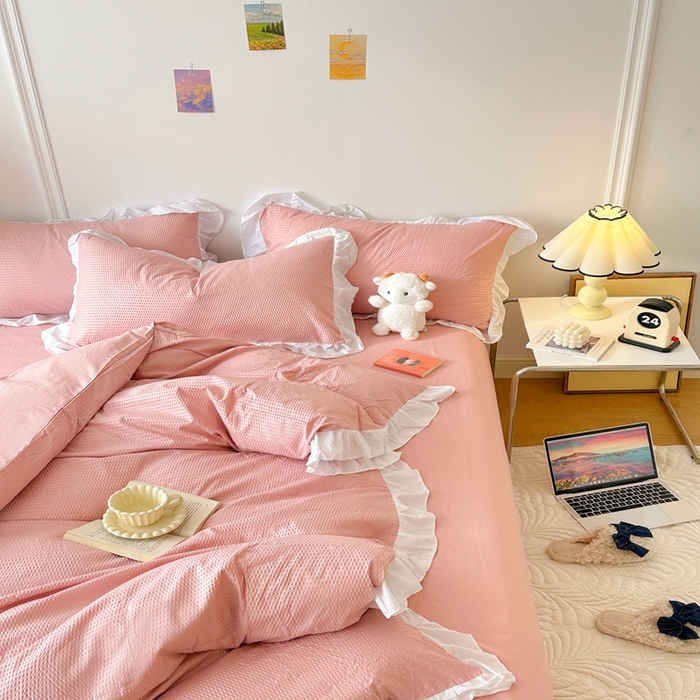 91家纺网 家纺一手货源 找家纺 （总）啊雅家居 2025新款轻奢韩式花边款华夫格四件套