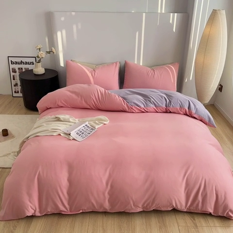 91家纺网 家纺一手货源 找家纺 家贝爱 2024新款简约轻奢水洗棉四件套 粉玉紫灰