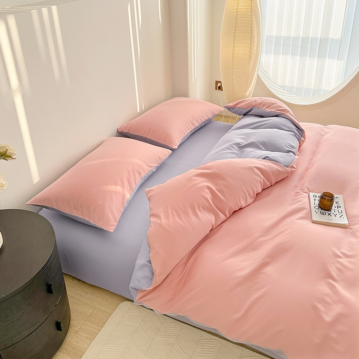 91家纺网 家纺一手货源 找家纺 家贝爱 2024新款简约轻奢水洗棉四件套 粉玉紫灰