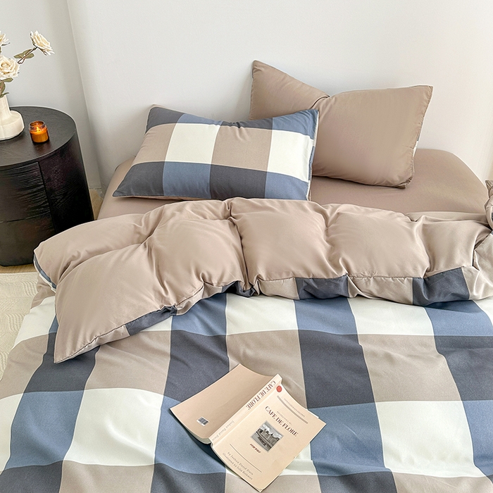 91家纺网 家纺一手货源 找家纺 家贝爱 2024新款简约轻奢水洗棉四件套 蓝大格