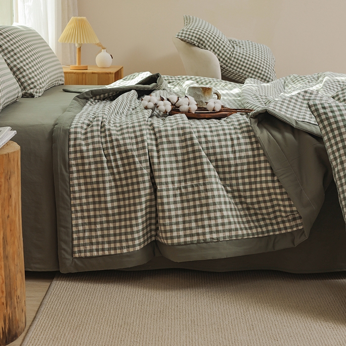 91家纺网 家纺一手货源 找家纺 柠萌 新款全棉色织水洗棉棉花夏被四件套里外全棉夏凉被 绿小格