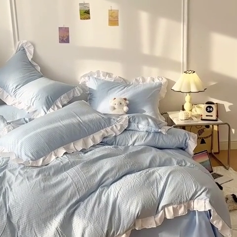 91家纺网 家纺一手货源 找家纺 啊雅家居 2025新款轻奢韩式花边款华夫格四件套 花边款  梦幻兰