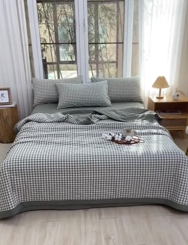 91家纺网 家纺一手货源 找家纺 柠萌 新款全棉色织水洗棉棉花夏被四件套里外全棉夏凉被 绿小格