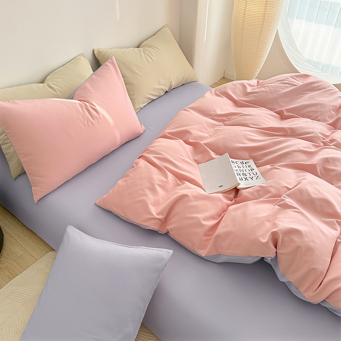 91家纺网 家纺一手货源 找家纺 家贝爱 2024新款简约轻奢水洗棉四件套 粉玉紫灰