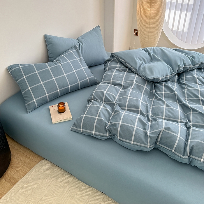 91家纺网 家纺一手货源 找家纺 家贝爱 2024新款简约轻奢水洗棉四件套 繁星蓝中格