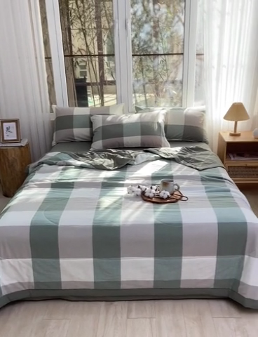 91家纺网 家纺一手货源 找家纺 柠萌 新款全棉色织水洗棉棉花夏被四件套里外全棉夏凉被 绿大格