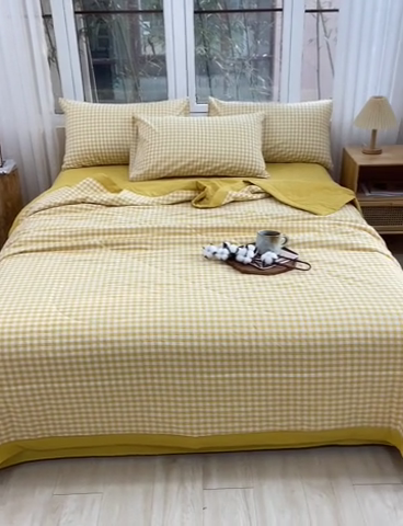 91家纺网 家纺一手货源 找家纺 柠萌 新款全棉色织水洗棉棉花夏被四件套里外全棉夏凉被 黄小格