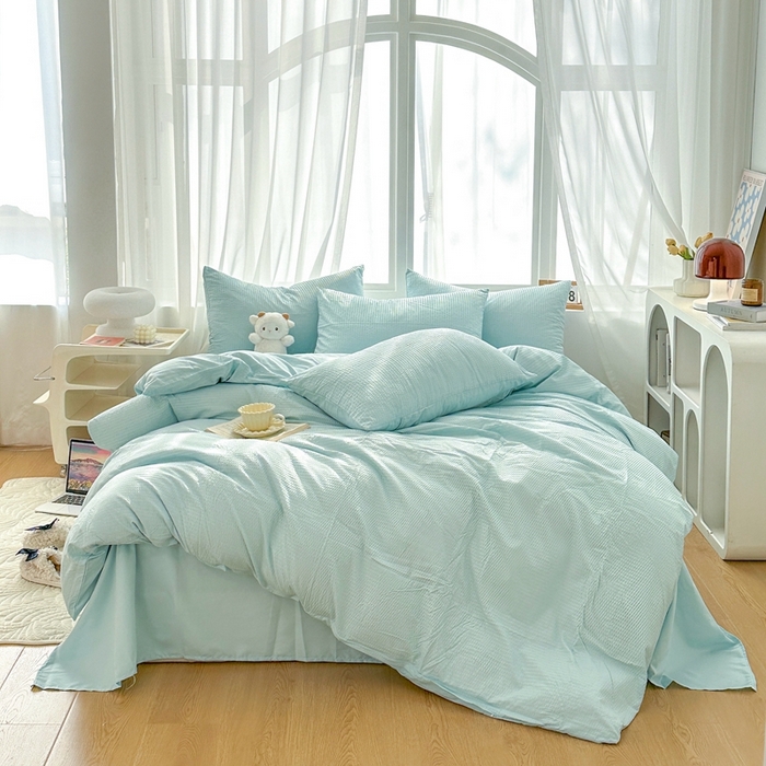 91家纺网 家纺一手货源 找家纺 啊雅家居 2025新款轻奢韩式无边款华夫格四件套 无边款-梦幻绿